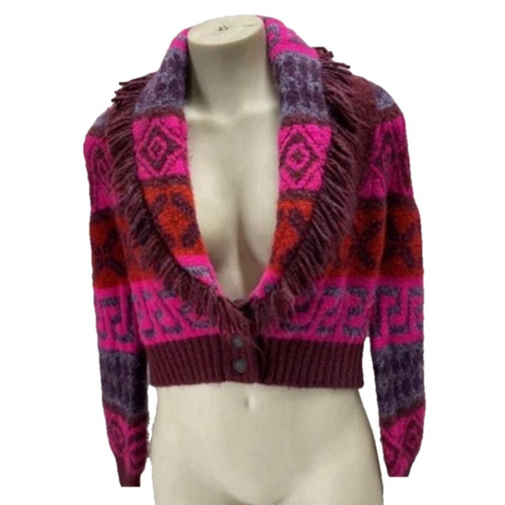 SAYLOR Pink & Burgundy Patterned Fringe-Collar Cropped Cardigan
